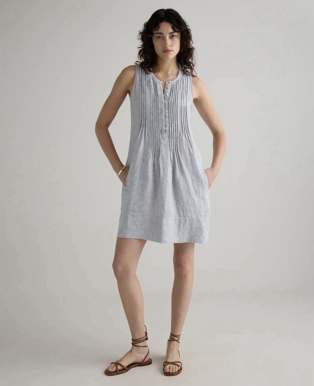 Quince European Linen Swing Dress Size XL Blue Stripe PIntuck Sleeveless